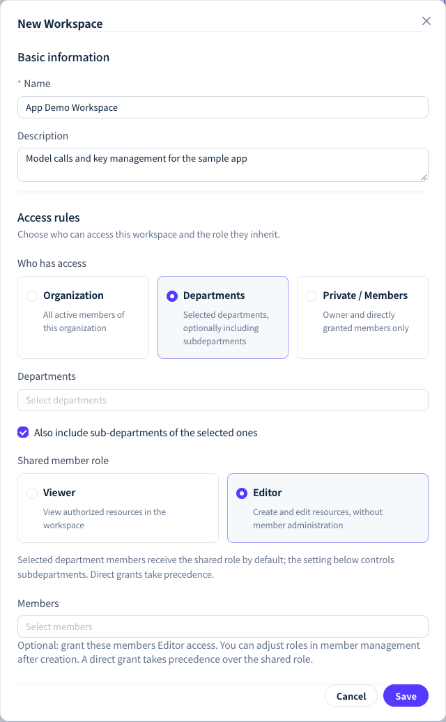 New workspace form with Specified departments selected, showing department selection, subdepartments, shared role and specific member settings