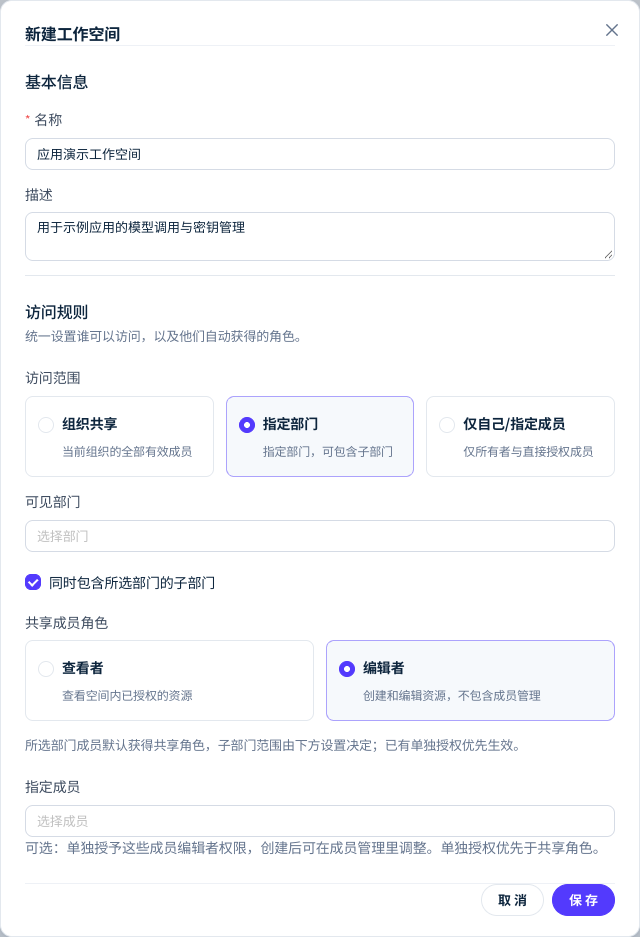 新建工作空间表单,已选中指定部门,展示可见部门、包含子部门、共享成员角色和指定成员设置