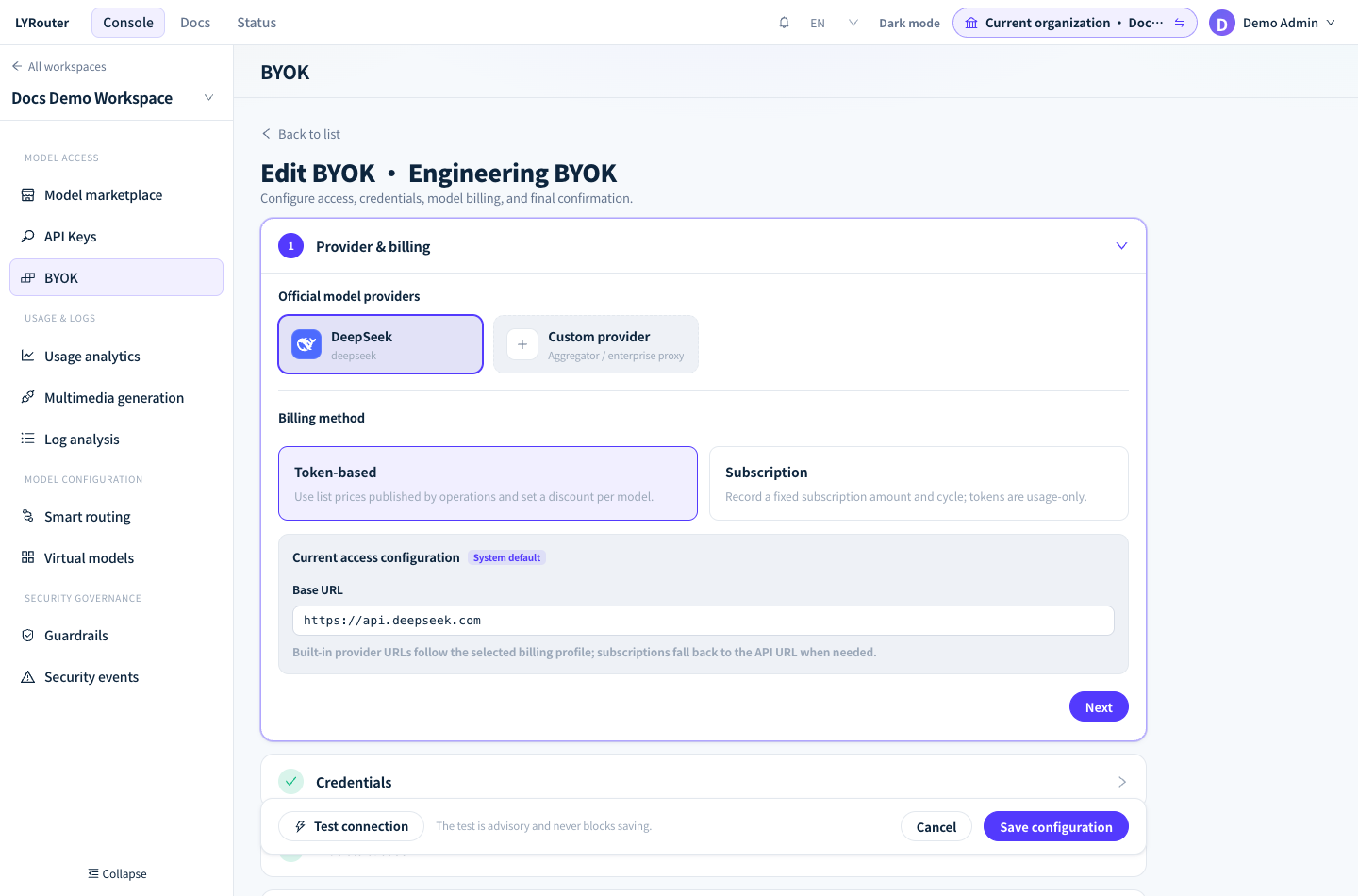 Provider & billing distinguishes Token-based from Subscription billing and shows the address of the current access configuration.