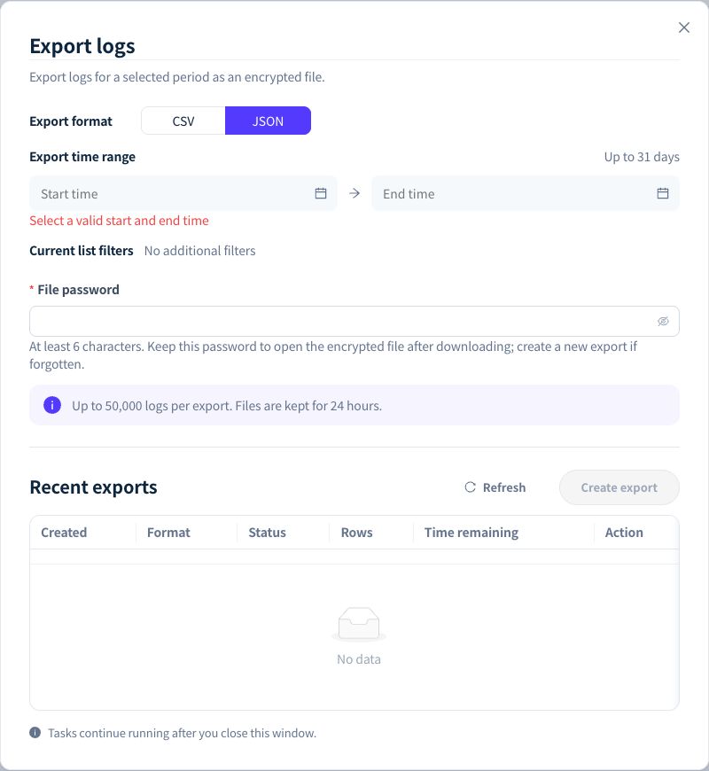 In Export logs, choose the format and time range and set a file password.