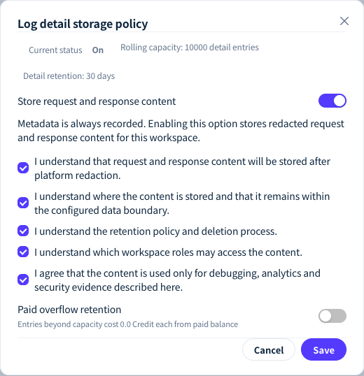 Log detail storage policy shows the current rolling capacity and detail retention days.