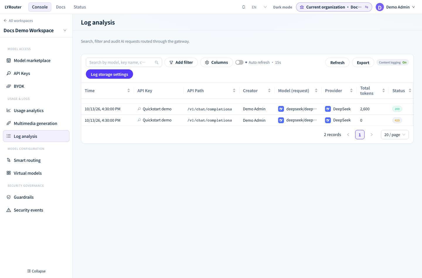 Find a request in Log analysis by time, API key, model and status code.