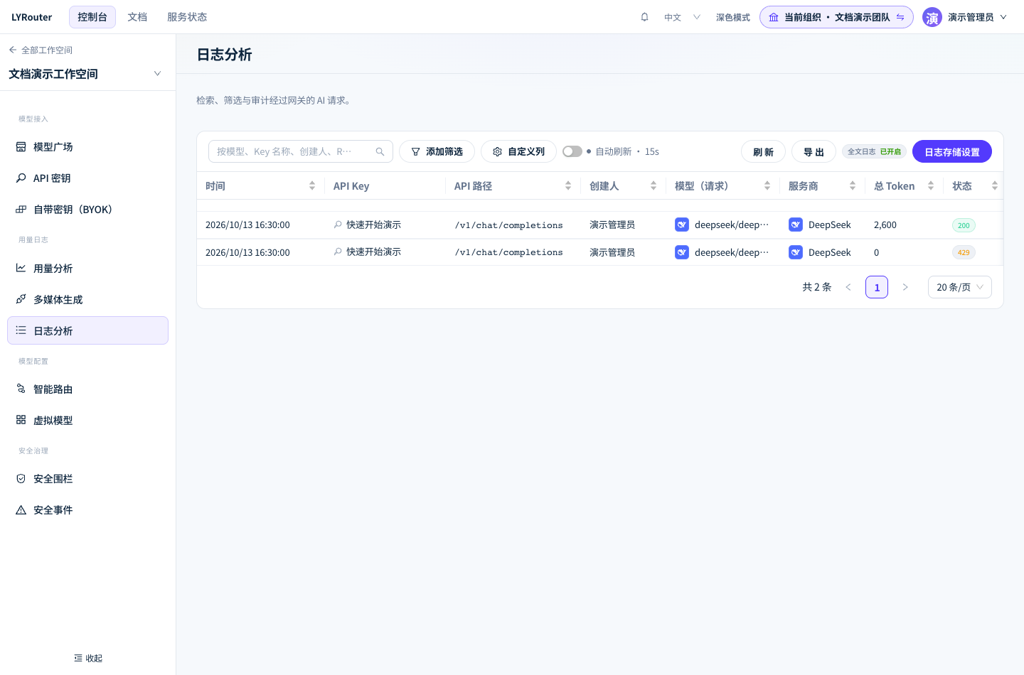 在日志分析中按时间、API Key、模型和状态码查找请求。