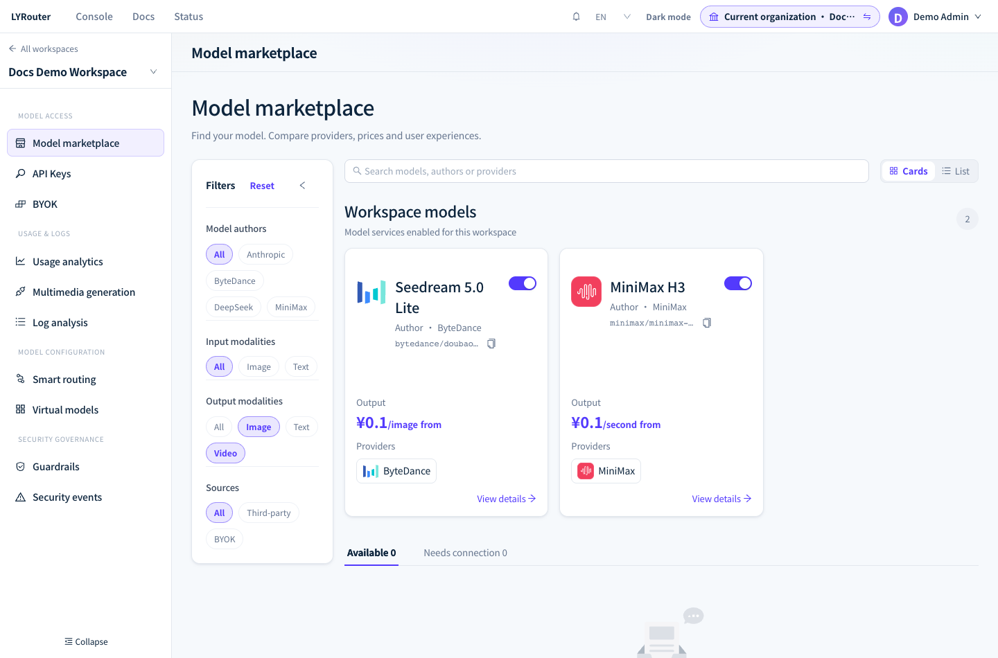 Select image and video output modalities to inspect available multimodal models and their pricing units.