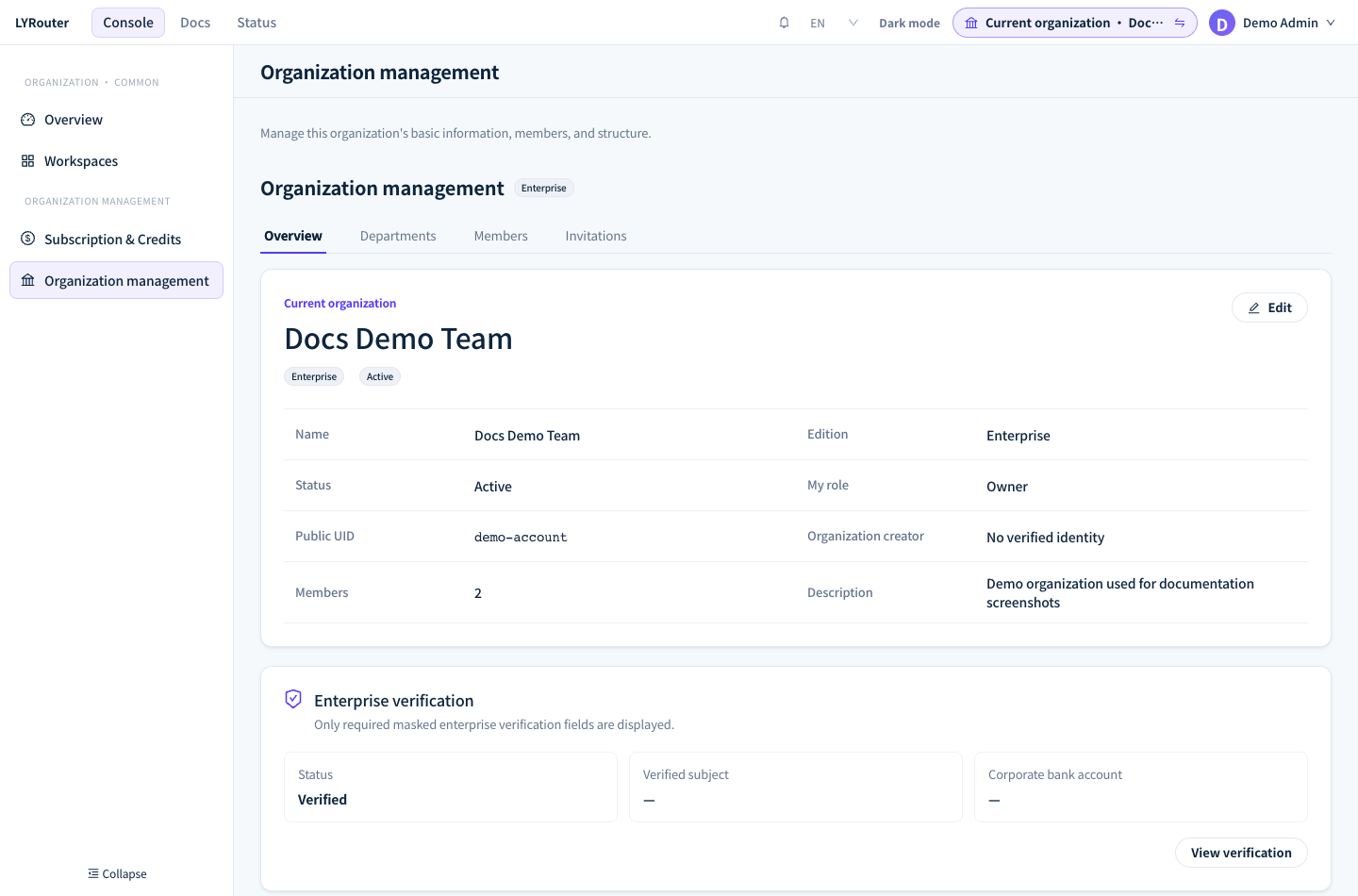 The Overview tab of Organization management shows the name, edition, status, My role and enterprise verification status.