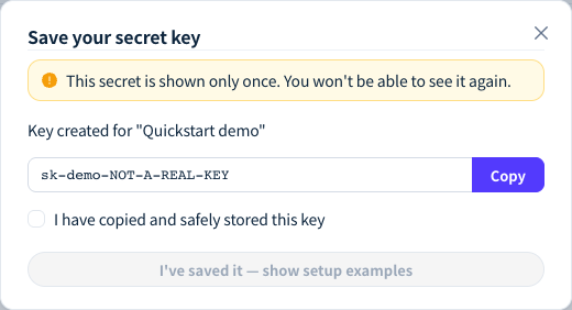 API Key creation confirmation, showing the one-time key warning, Copy button and saved-key checkbox