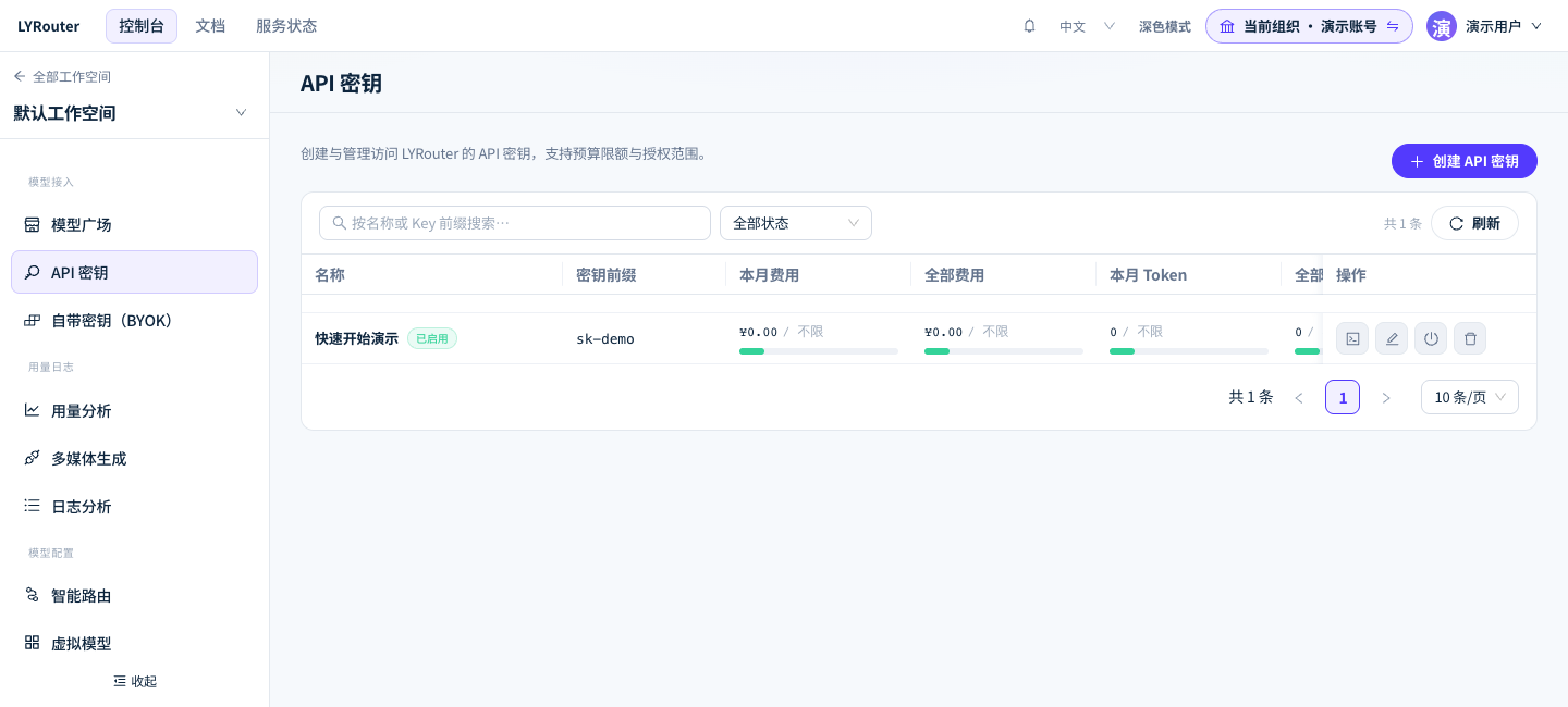 API 密钥 WEB 页面,展示工作空间内的密钥列表、启用状态和创建 API 密钥按钮