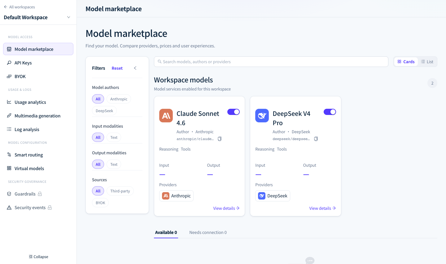 Workspace model marketplace, showing enabled models, model identifier copy buttons and service sources